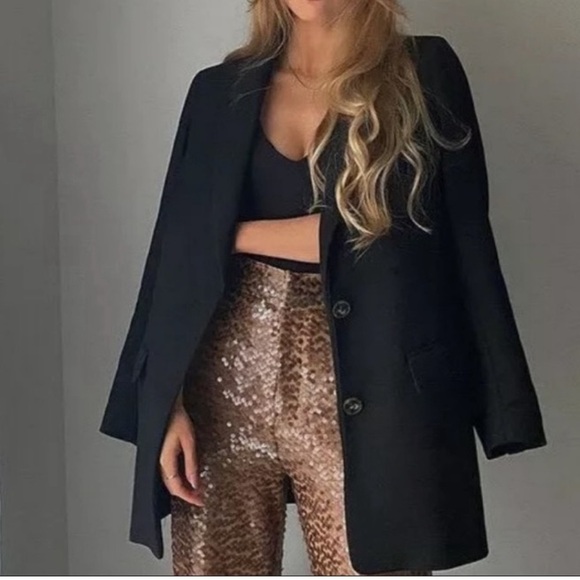 ZARA Copper Brown Sequin Pleated Wide Leg Pants - Picture 11 of 15